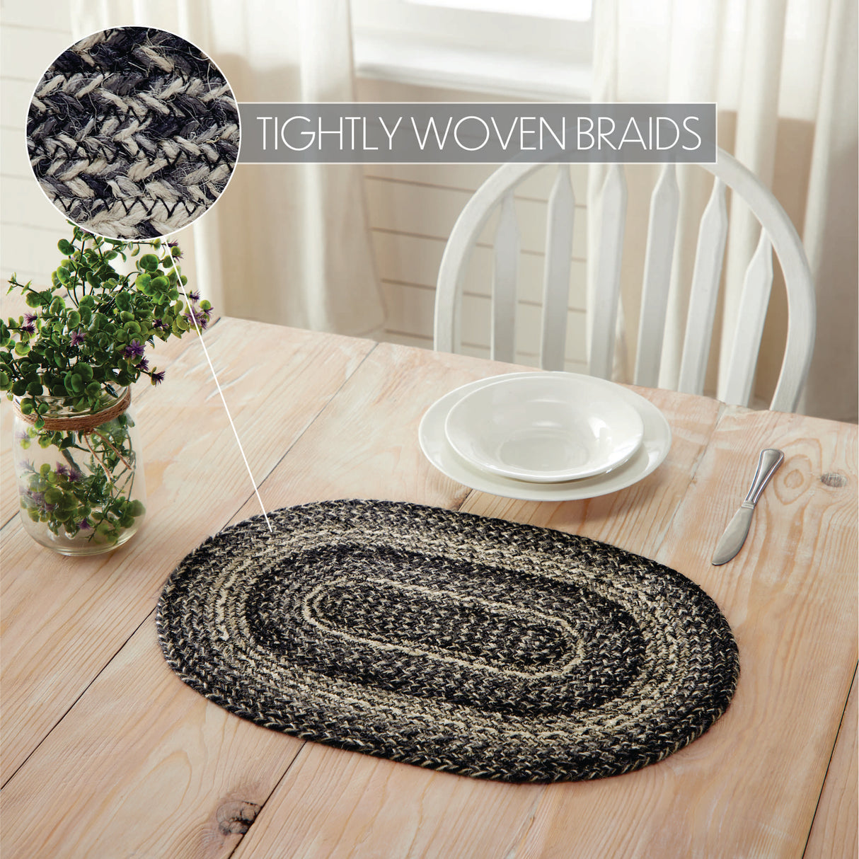 Sawyer Mill Black White Jute Oval Placemat 13x19