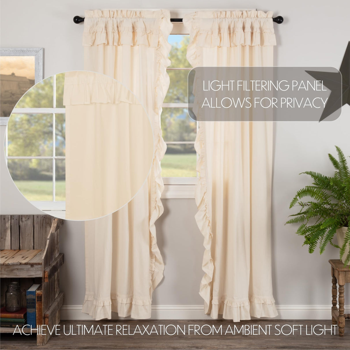 Muslin Ruffled Unbleached Natural Panel Set of 4 84x40