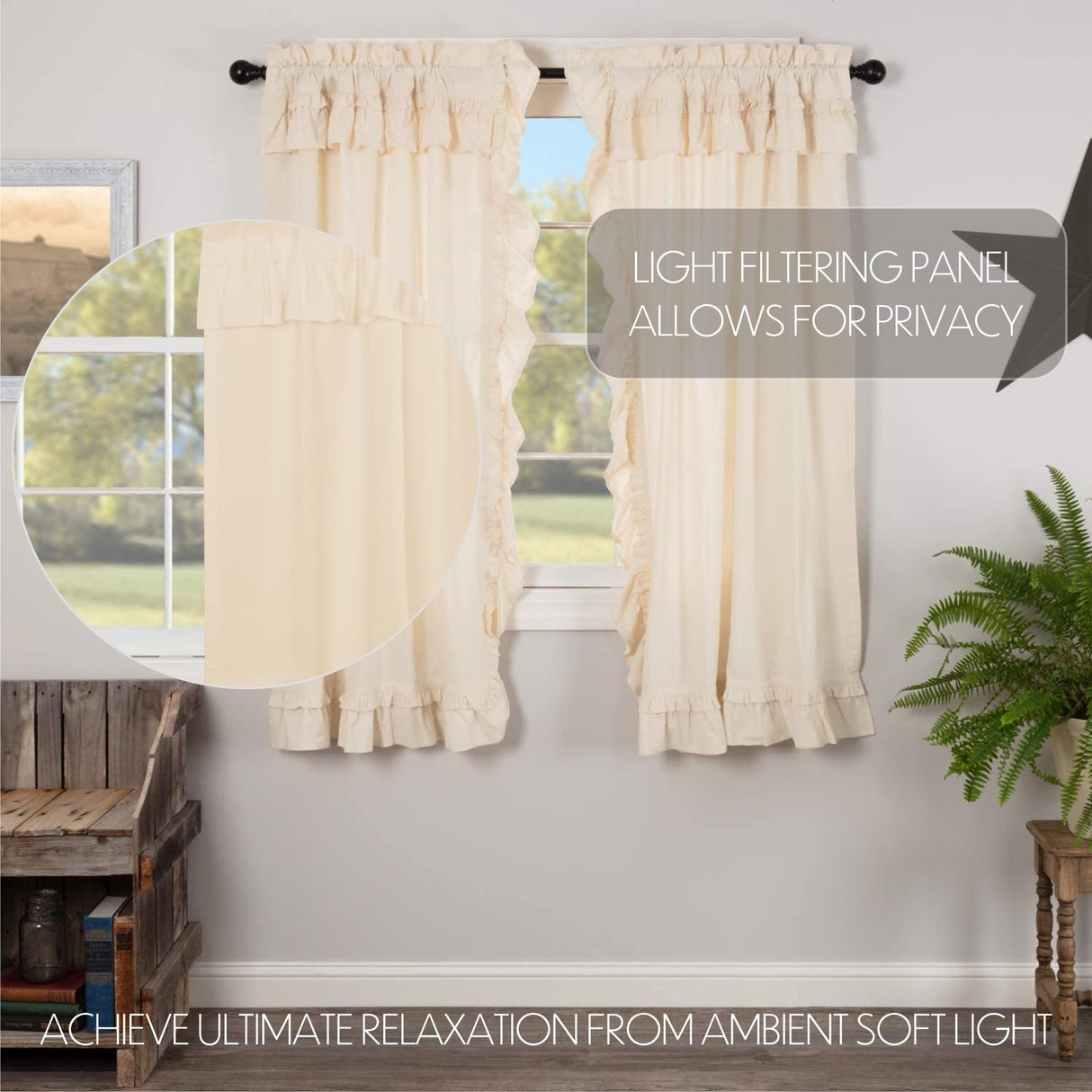 Muslin Ruffled Unbleached Natural Short Panel Set of 4 63x36