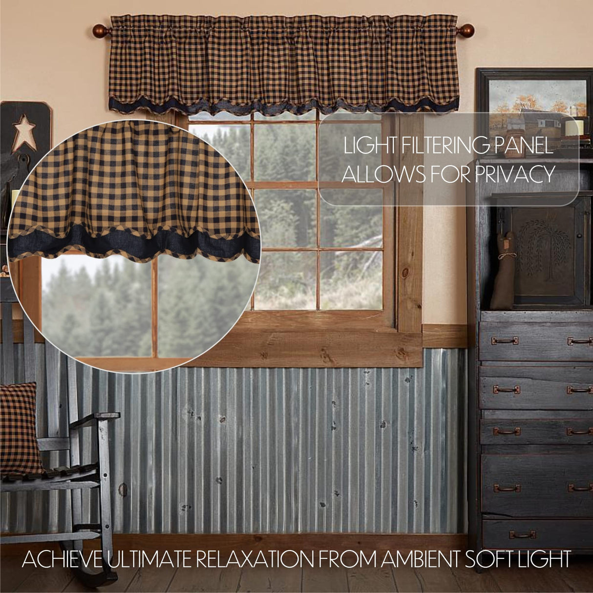 Navy Check Scalloped Layered Valance Set of 2 16x72