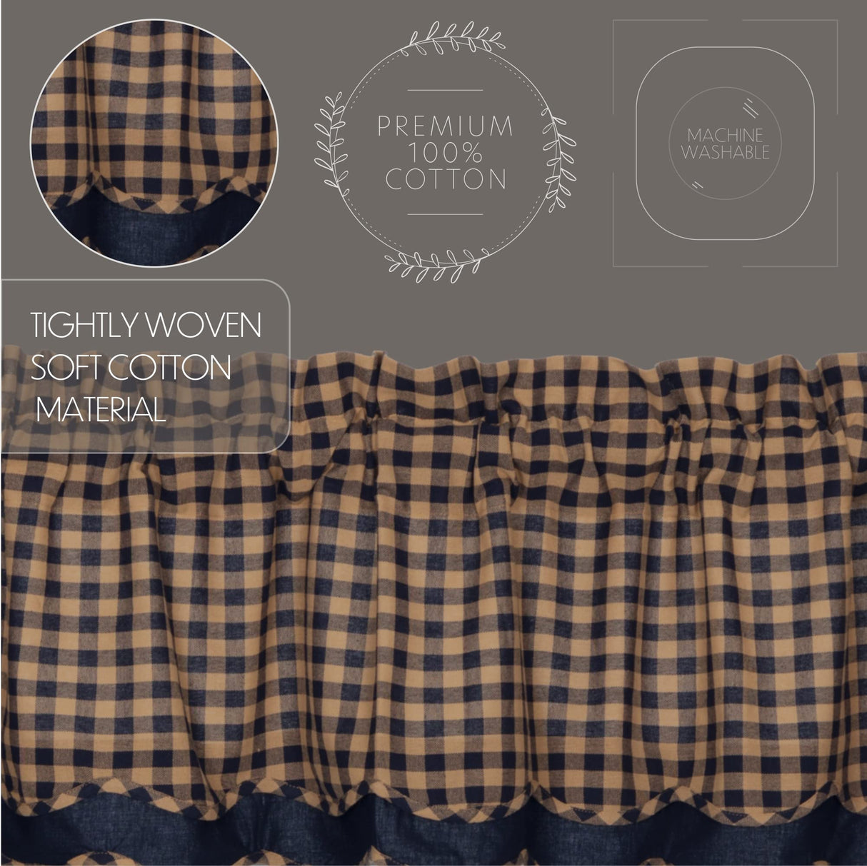 Navy Check Scalloped Layered Valance Set of 2 16x72