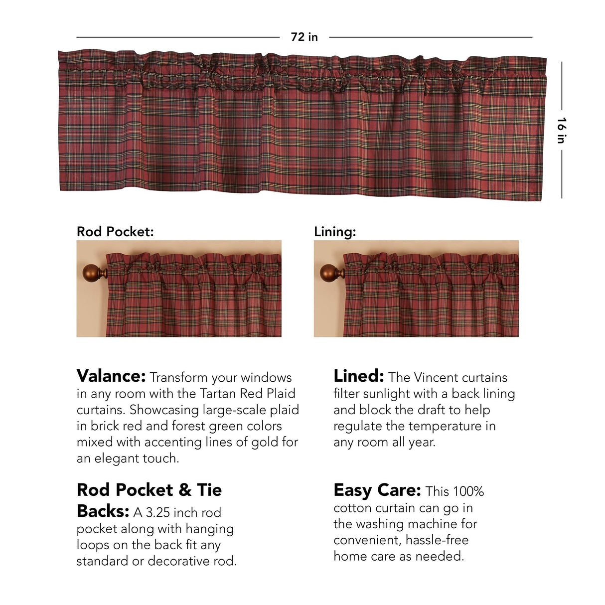 Tartan Red Plaid Valance Set of 2 16x72