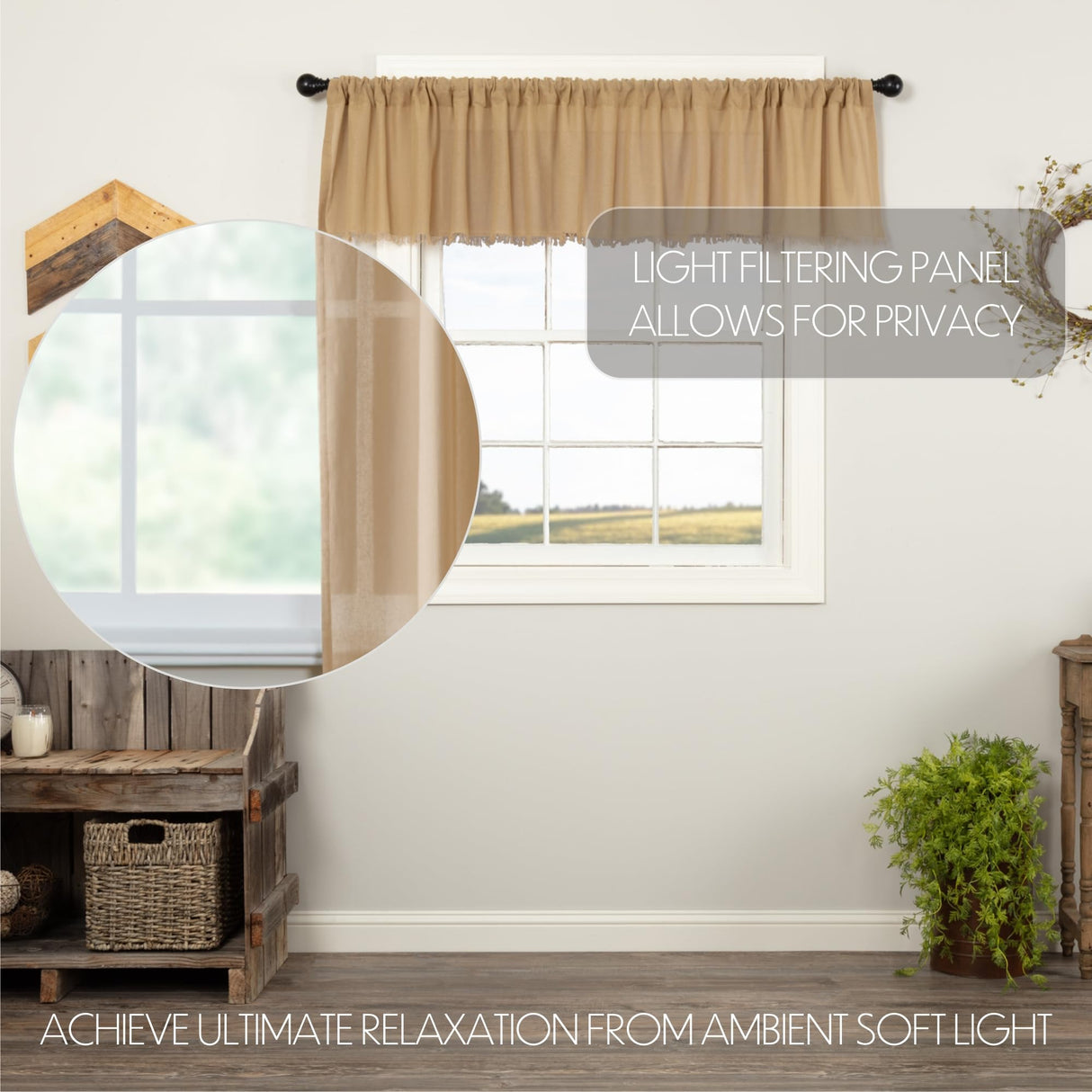 Tobacco Cloth Khaki Valance Fringed Set of 2 16x90