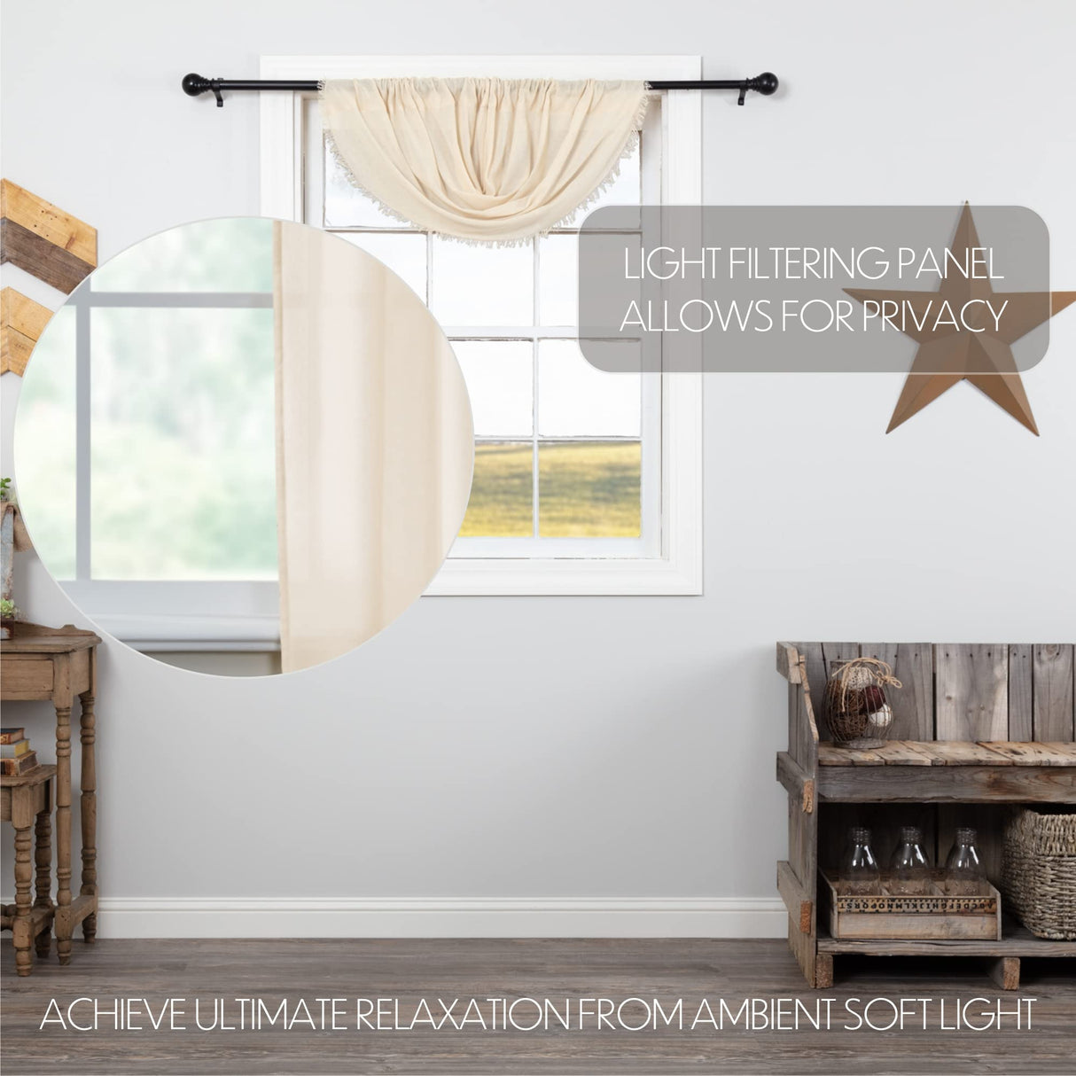 Tobacco Cloth Natural Balloon Valance Set of 2 Fringed 15x60