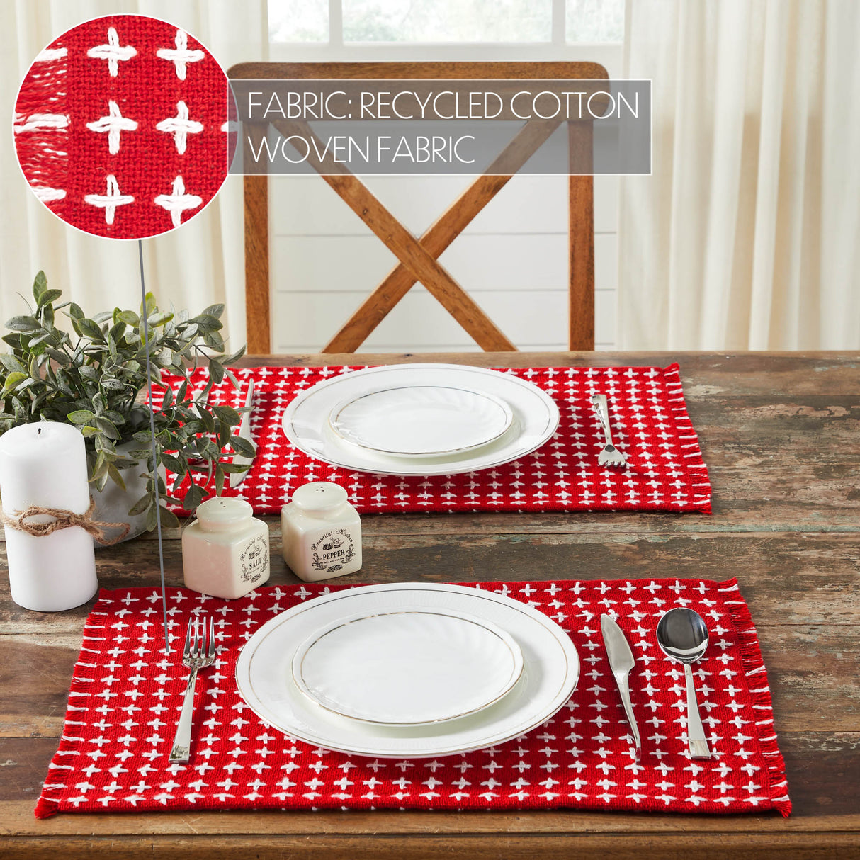 Gallen Red White Placemat Set of 2 Fringed 13x19, 3 Pack 6 Pack