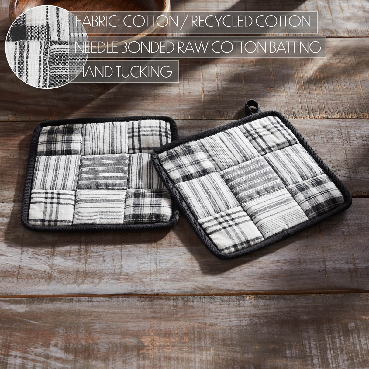 VHC Brands Sawyer Mill Black 7PC Set 2 Oven Mitts 2 Pot Holders and 3 Tea Towels