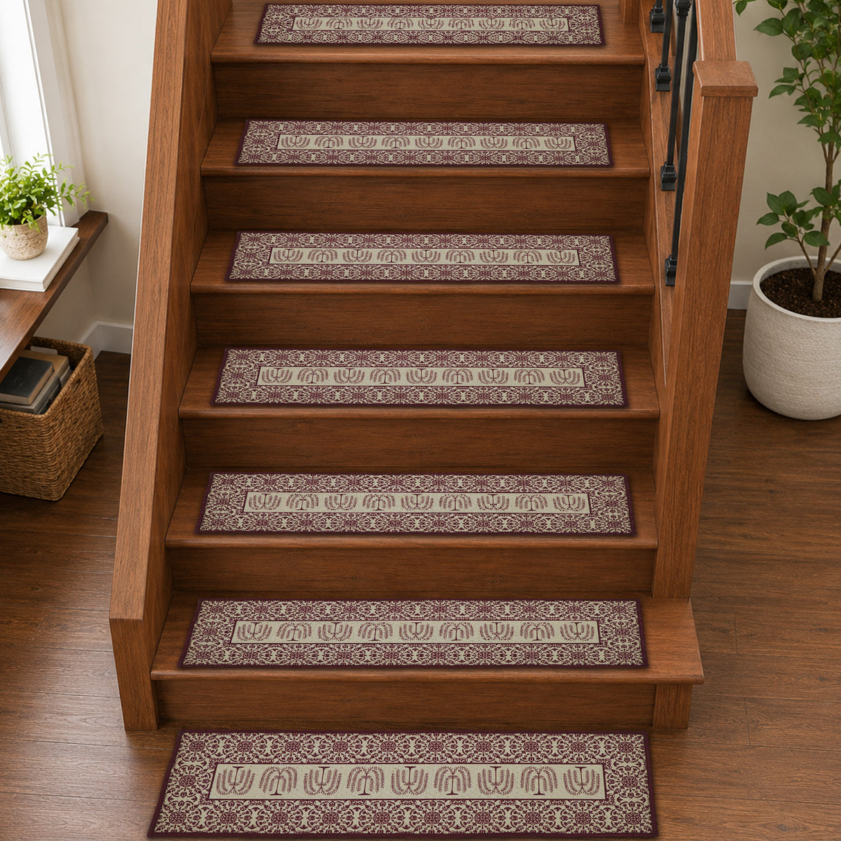 Custom House Burgundy Tan Jacquard Polyester Stair Tread Rect Latex 8.5x27, Set of 7