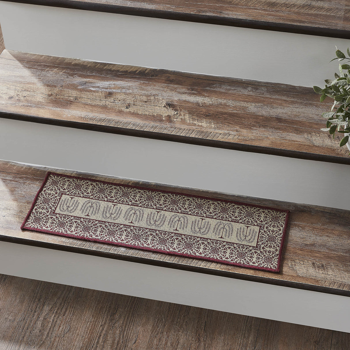 Custom House Burgundy Tan Jacquard Polyester Stair Tread Rect Latex 8.5x27, Set of 7