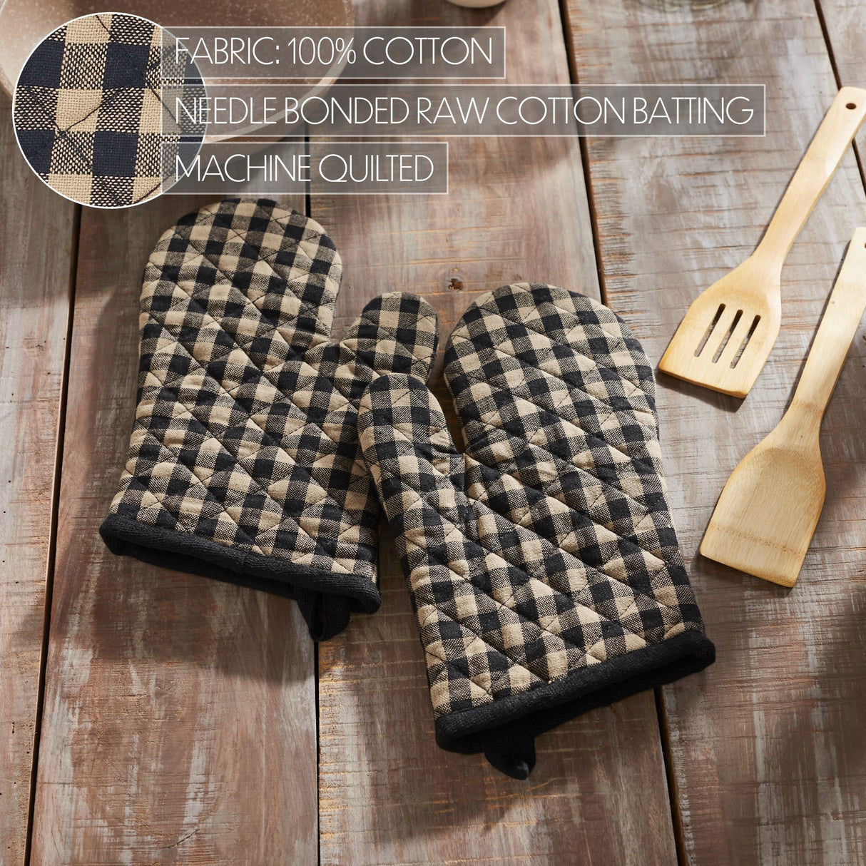 VHC Brands Black Check 7PC Set 2 Oven Mitt 2 Pot Holder and 3 Tea Towels