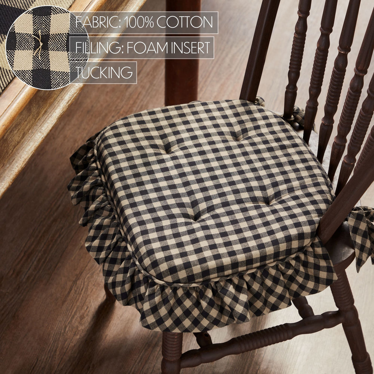 Black Check Ruffled 16.5x18 Inch Chair Pad