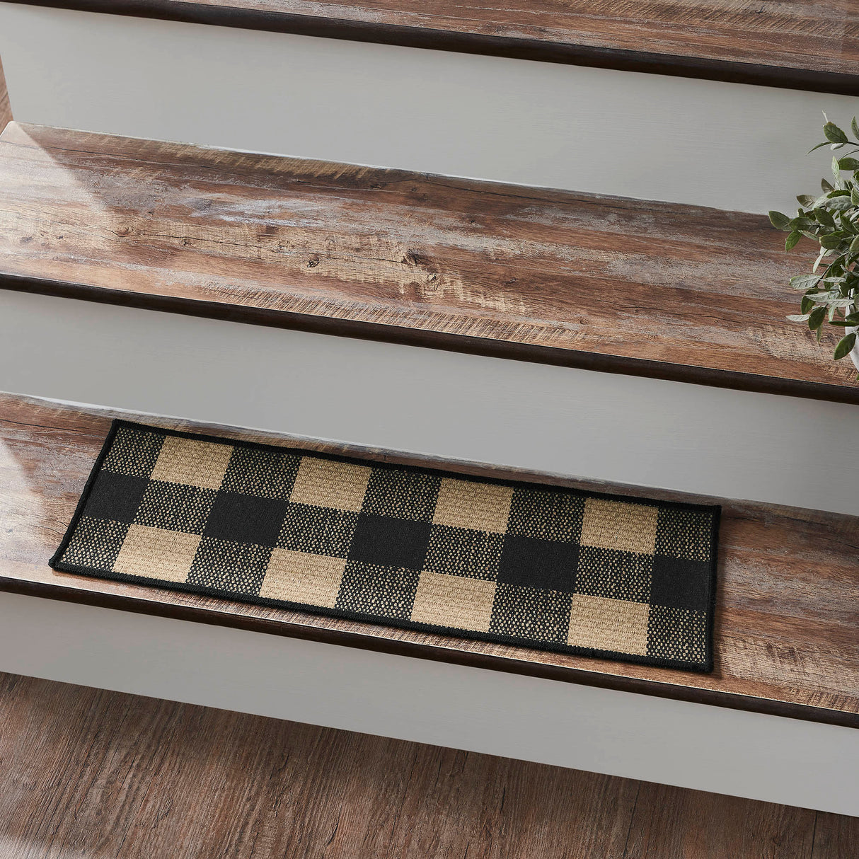 Black Check Polyester Stair Tread Rect Latex 8.5x27, Set of 7