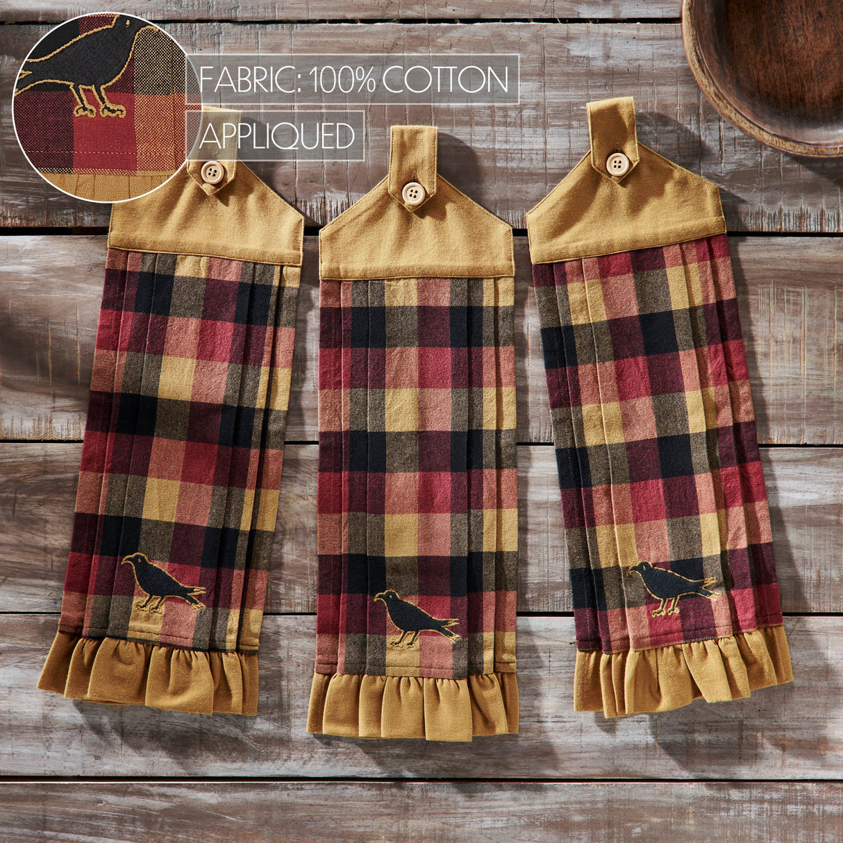 Heritage Farms Primitive Check Button Loop Tea Towel Set of 3