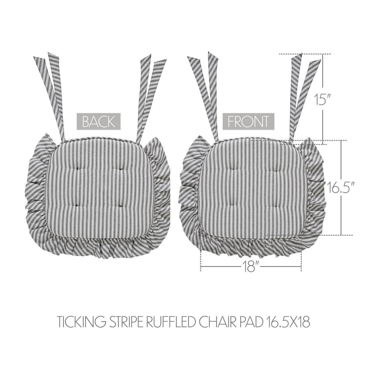 Sawyer Mill Black Ticking Stripe Ruffled Chair Pad 16.5x18