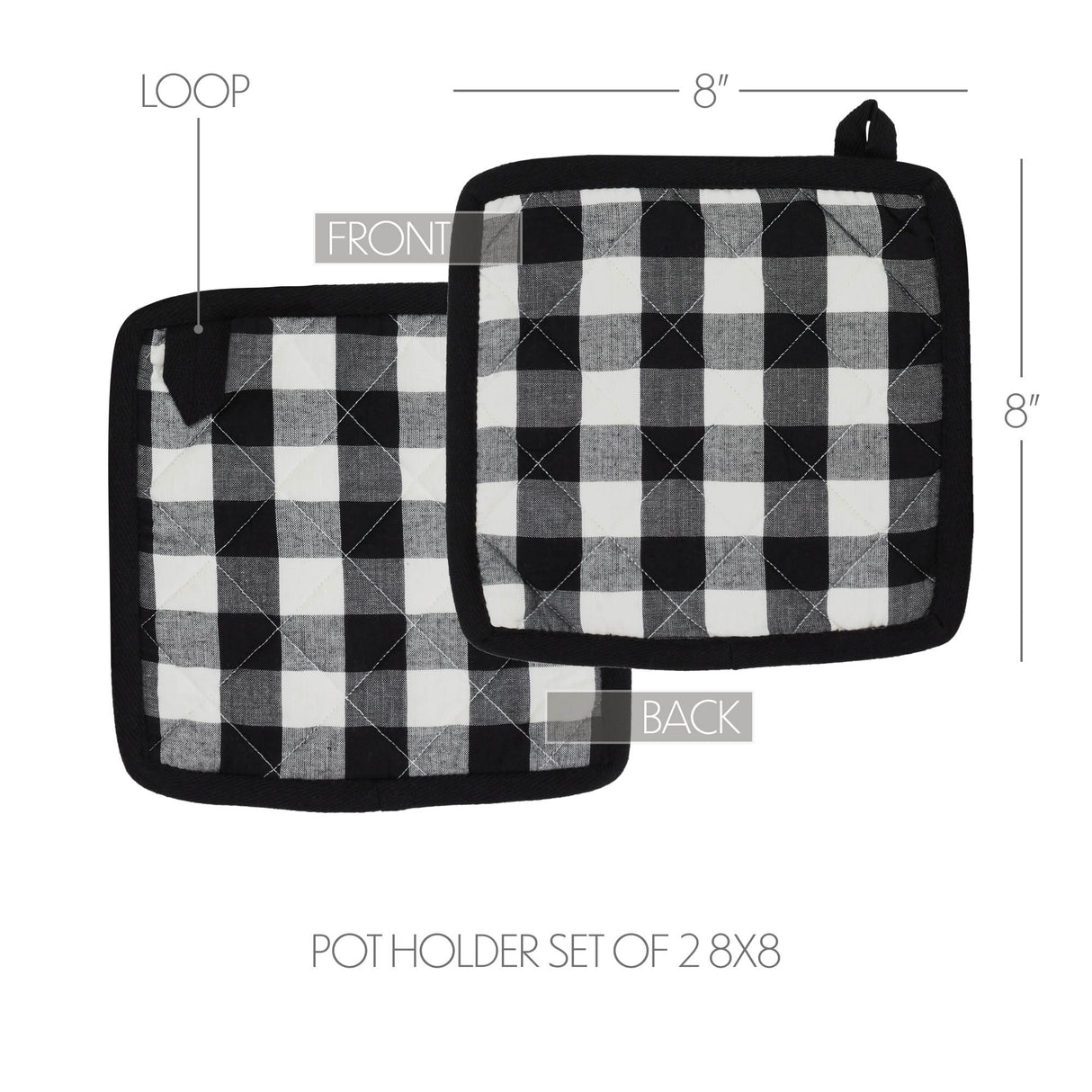 VHC Brands Annie Buffalo Check Black 4PC Set 2 Oven Mitts and 2 Pot Holders