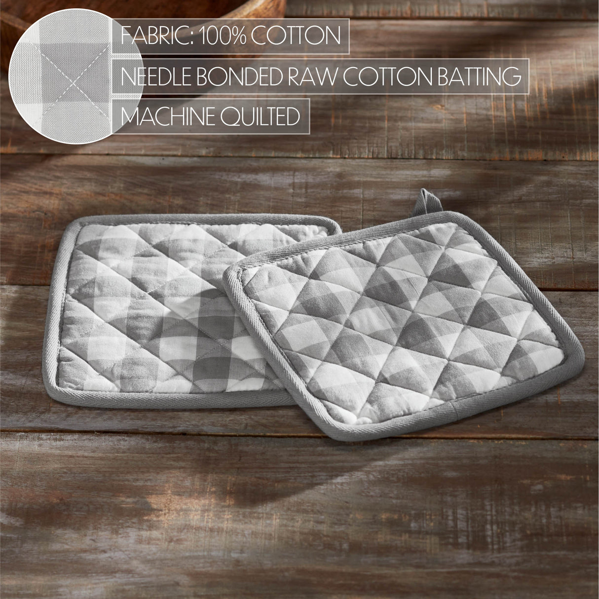VHC Brands Annie Buffalo Check Gray 7PC Set 2 Oven Mitt 2 Pot Holder and 3 Tea Towels