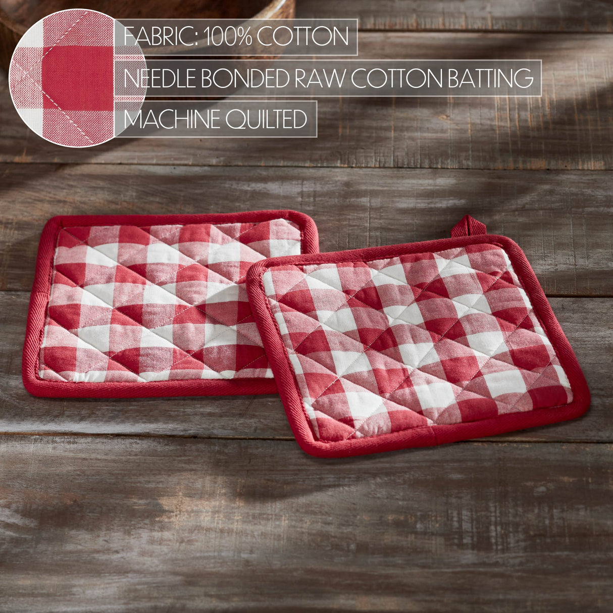 VHC Brands Annie Buffalo Check Red 7PC Set 2 Oven Mitt 2 Pot Holder and 3 Tea Towels