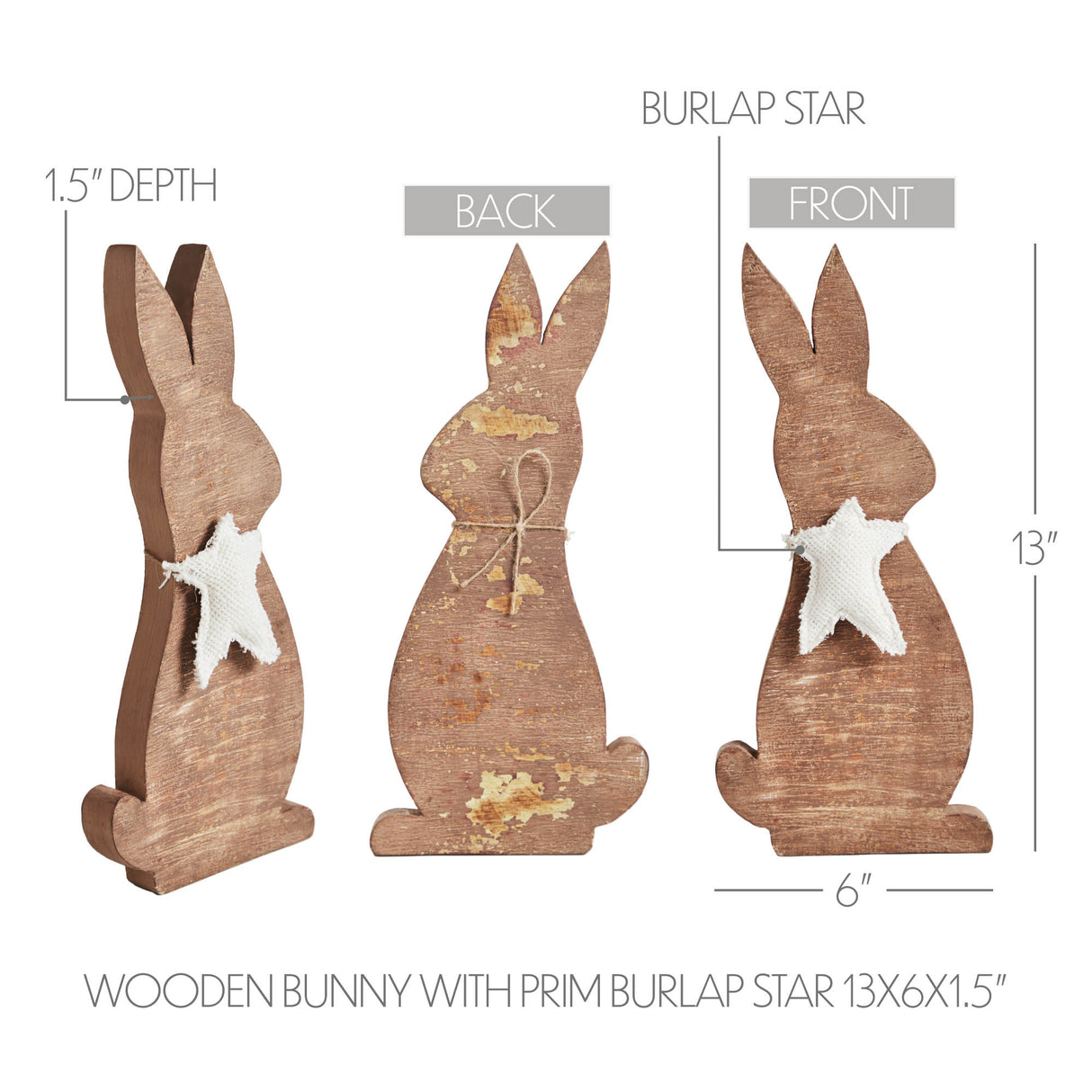 Wooden Bunny with Prim Burlap Star 13x6x1.5