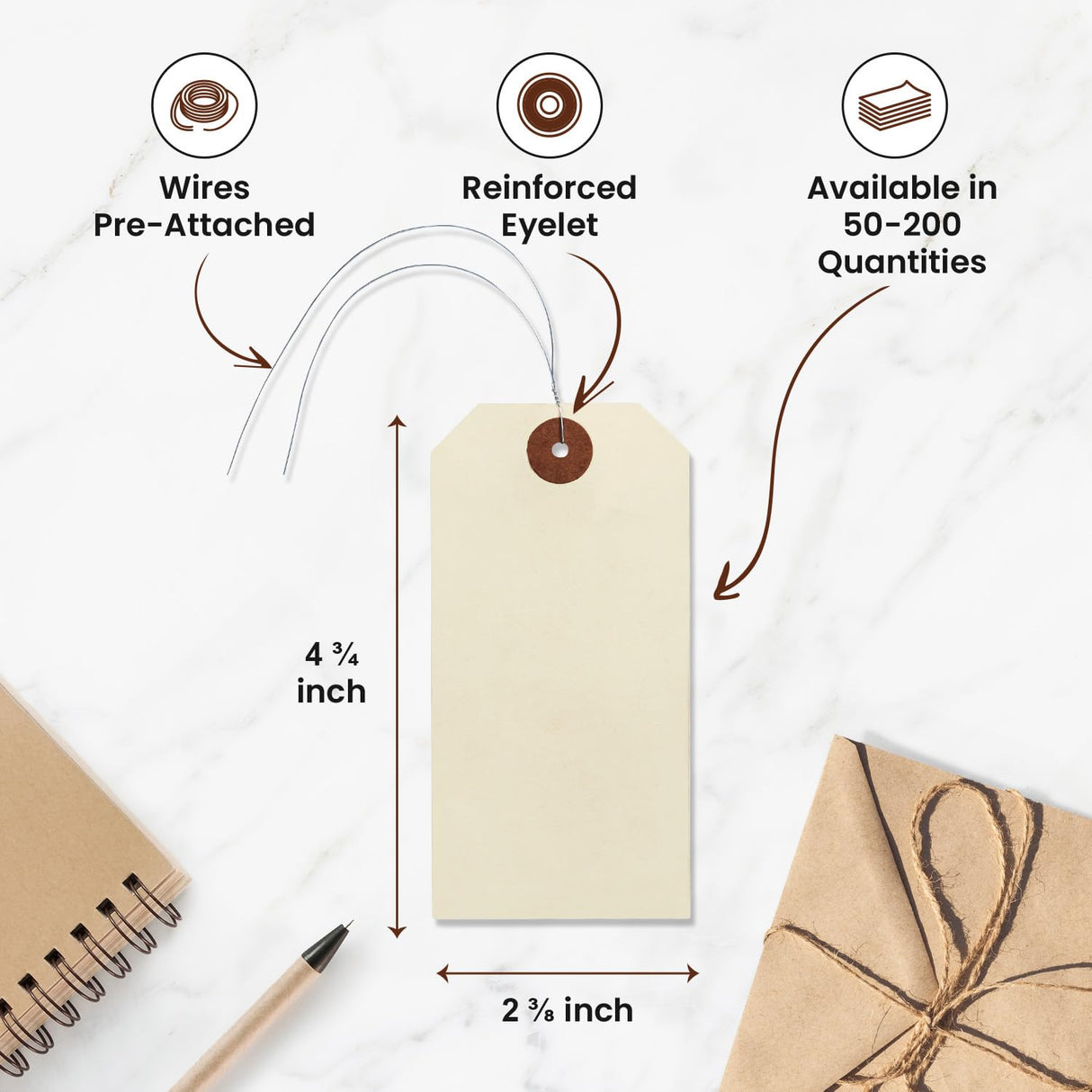 9pt Creme Manila Tag w/ Wire Hanger Set of 200 Size #5