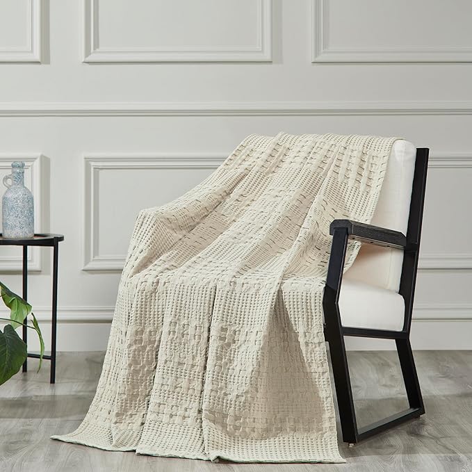 100% Cotton Waffle Weave Blanket, Lightweight & Breathable Woven Bedding