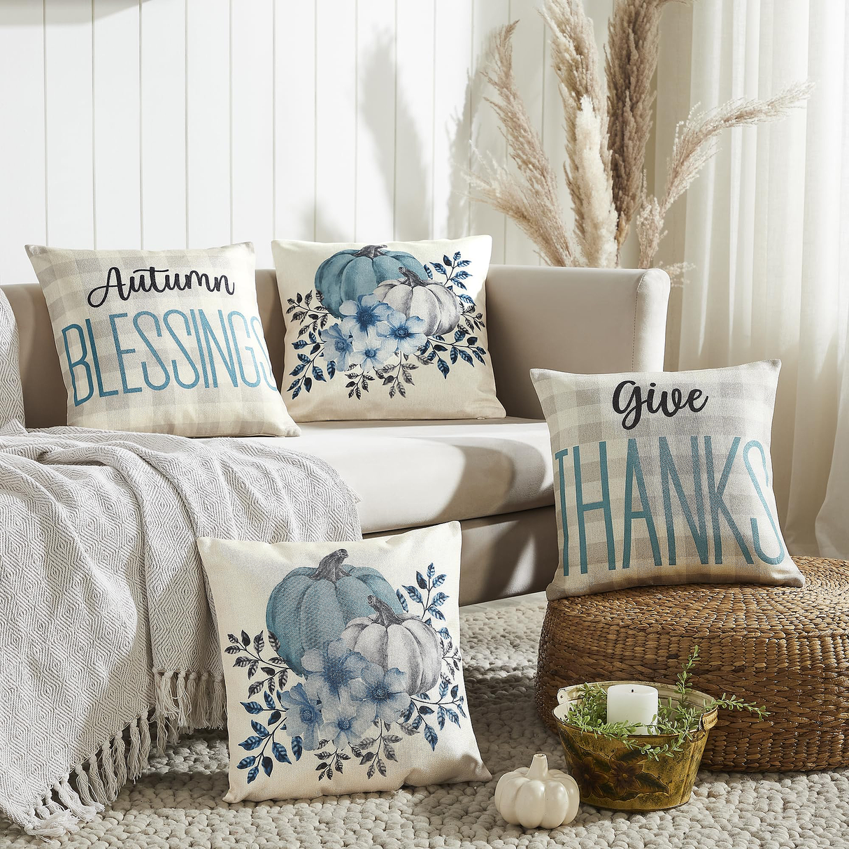 Fall Greetings Pillow Cover Set of 4 18Lx18W