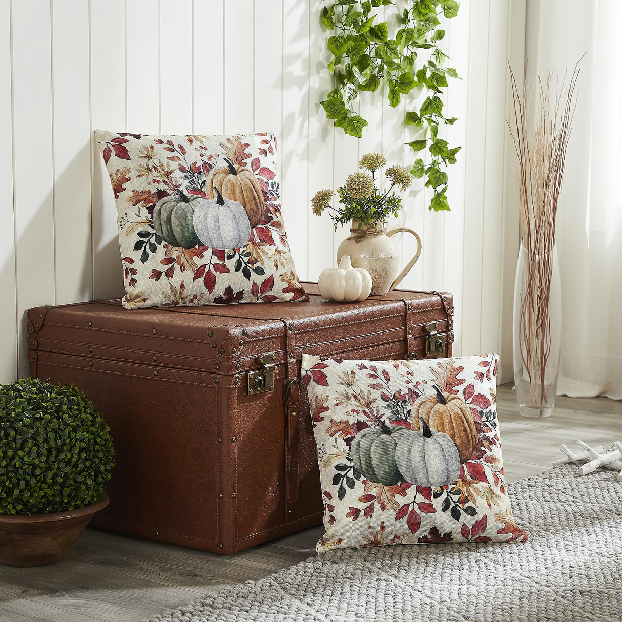 Pumpkin Floral Pillow Cover Set of 2 16Lx16W
