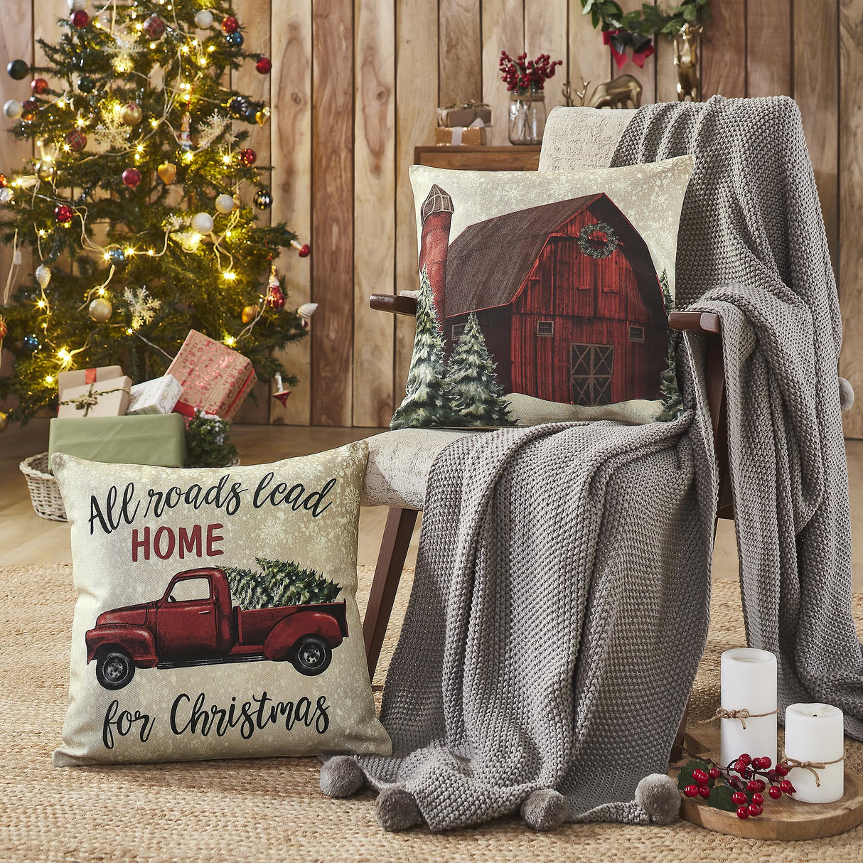 Christmas Farm Pillow Cover Set of 2 18Lx18W