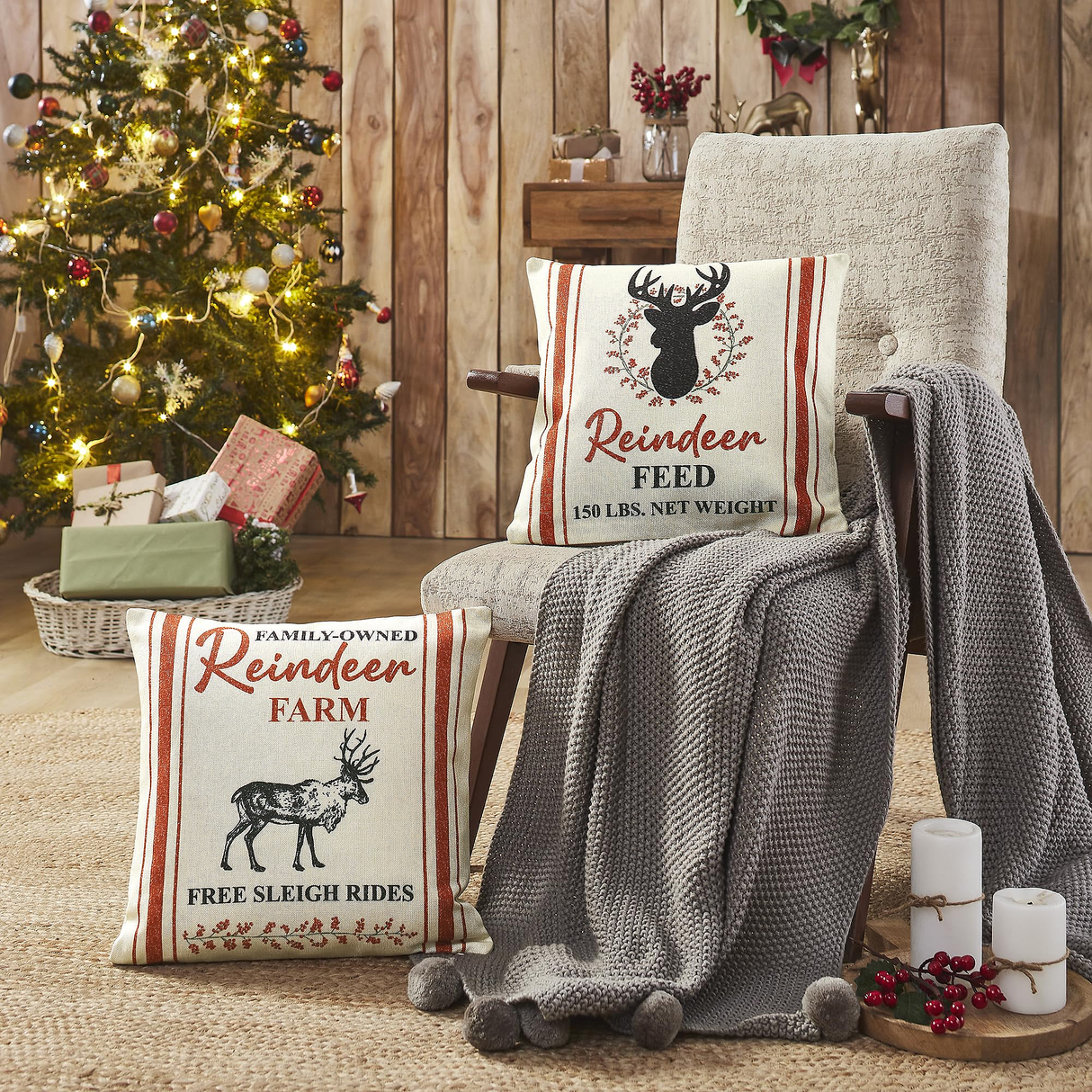 Reindeer Farm Pillow Cover Set of 2 16Lx16W