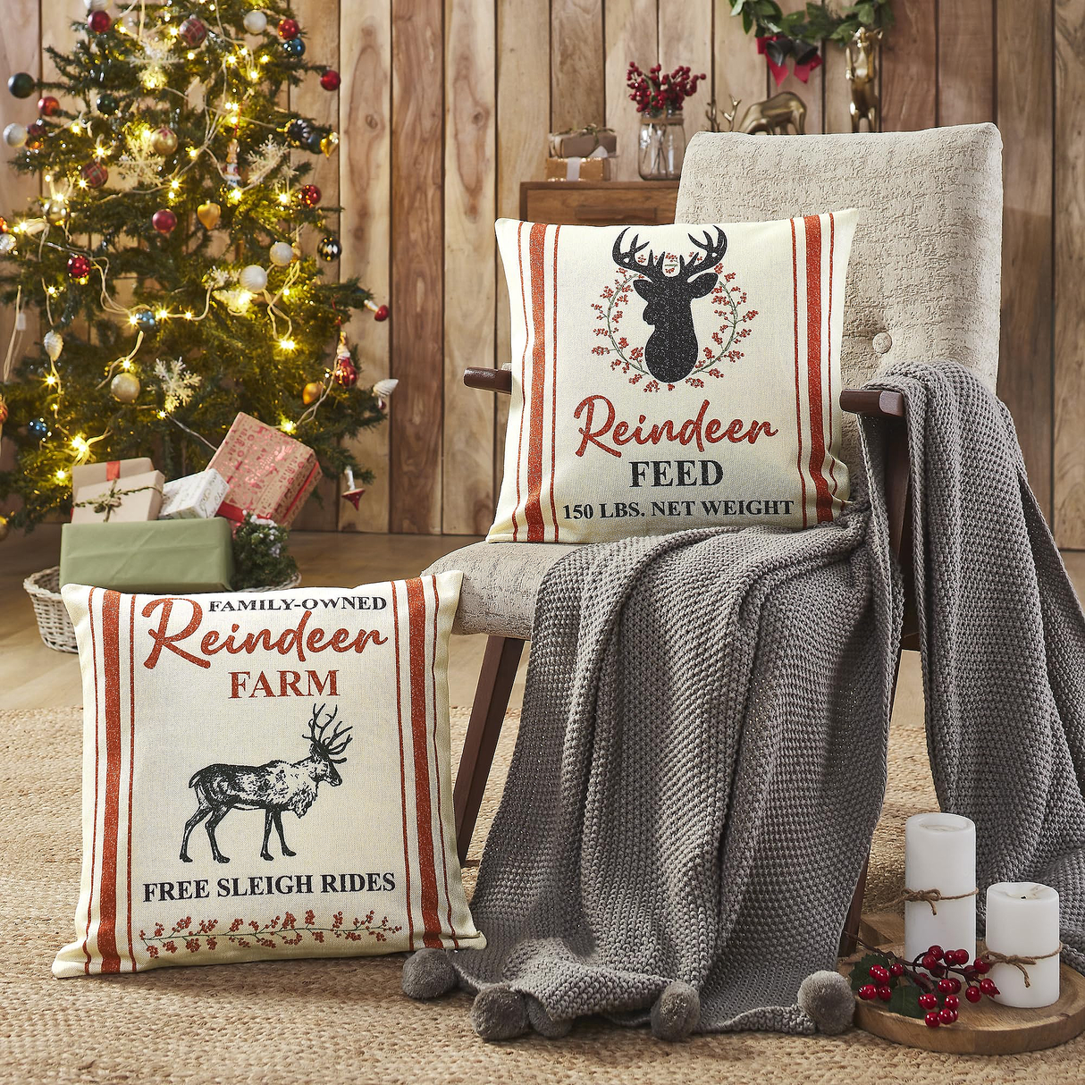 Reindeer Farm Pillow Cover Set of 2 18Lx18W