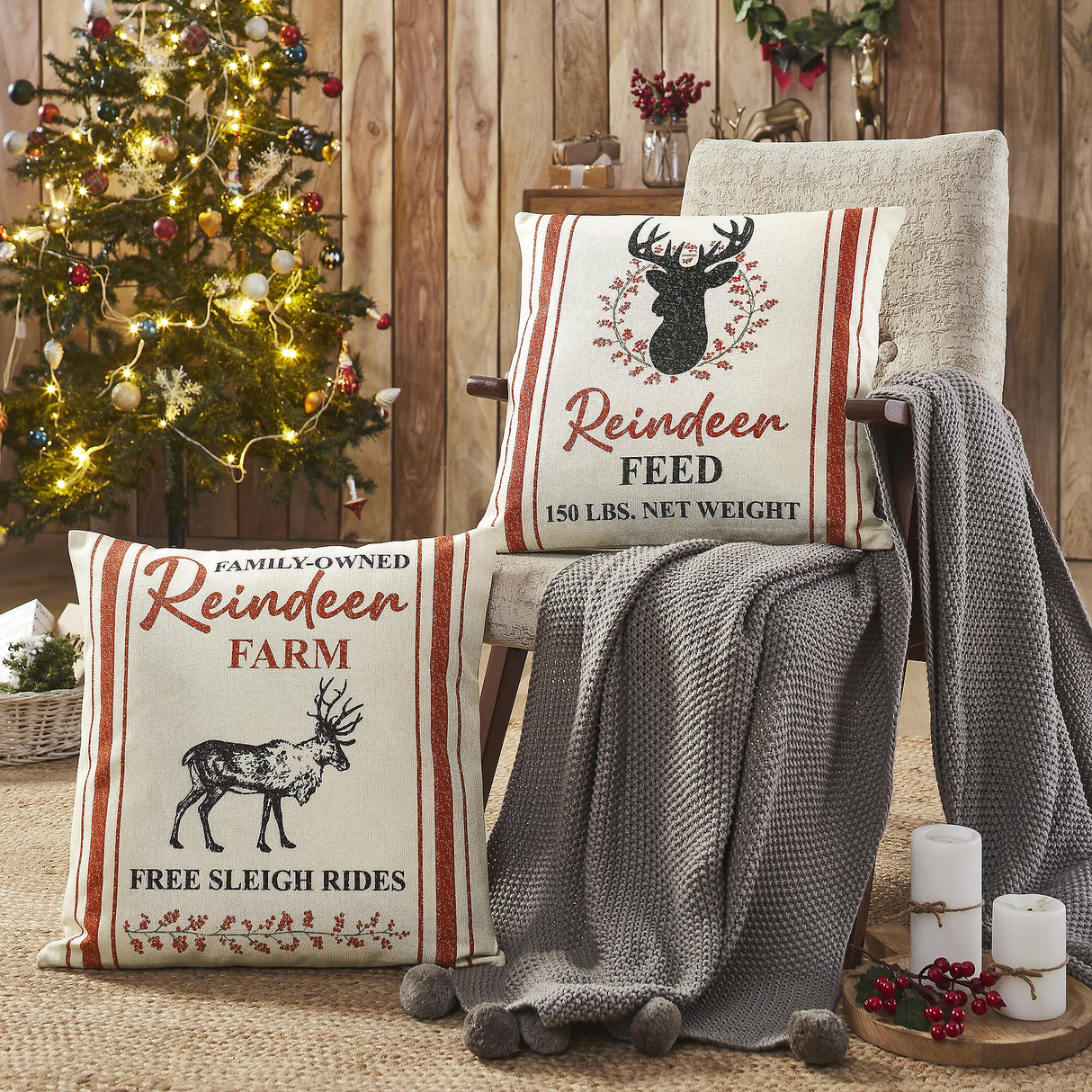 Reindeer Farm Pillow Cover Set of 2 20Lx20W