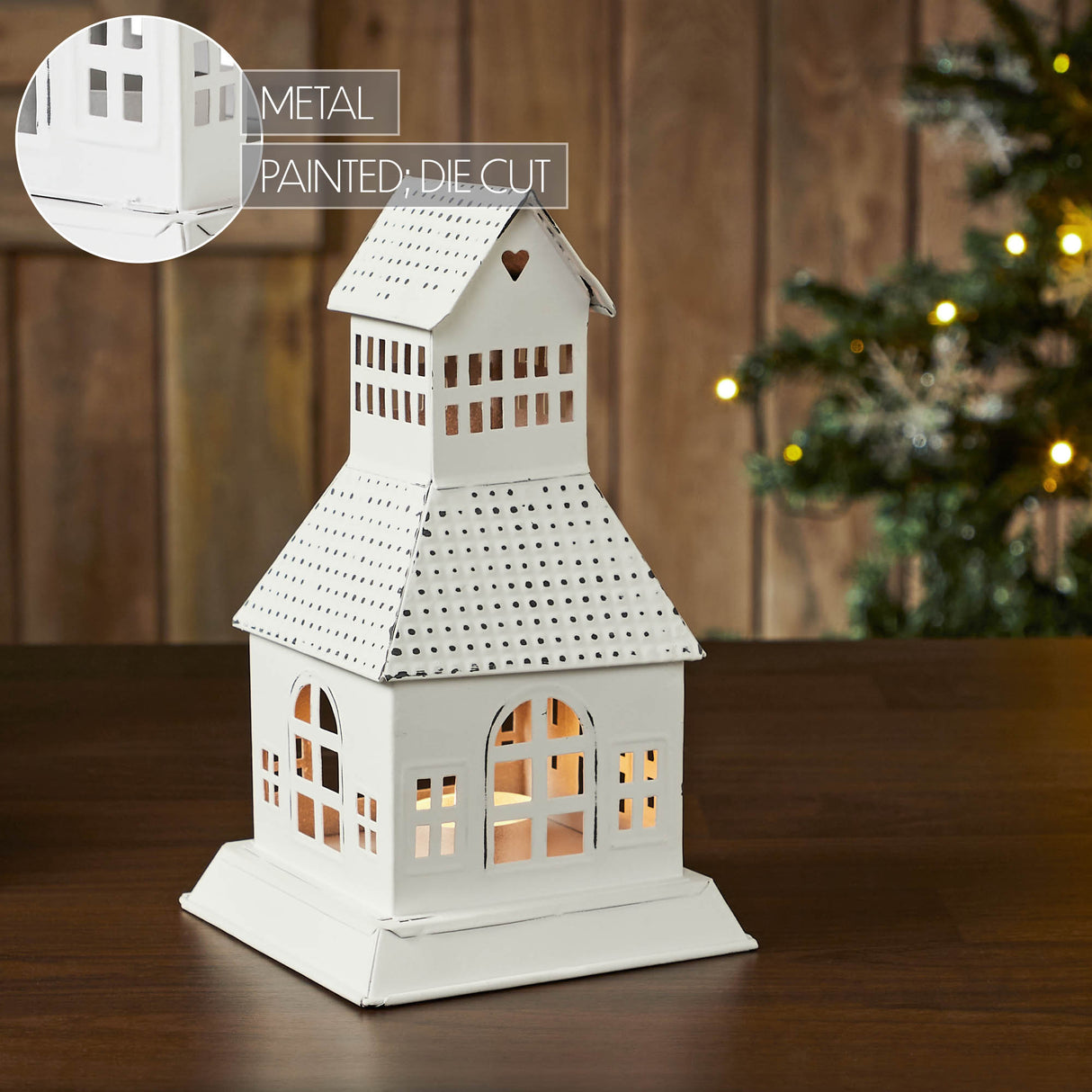 Tealight Holder Metal Village House A Antique White 9.5x5.5x5.5