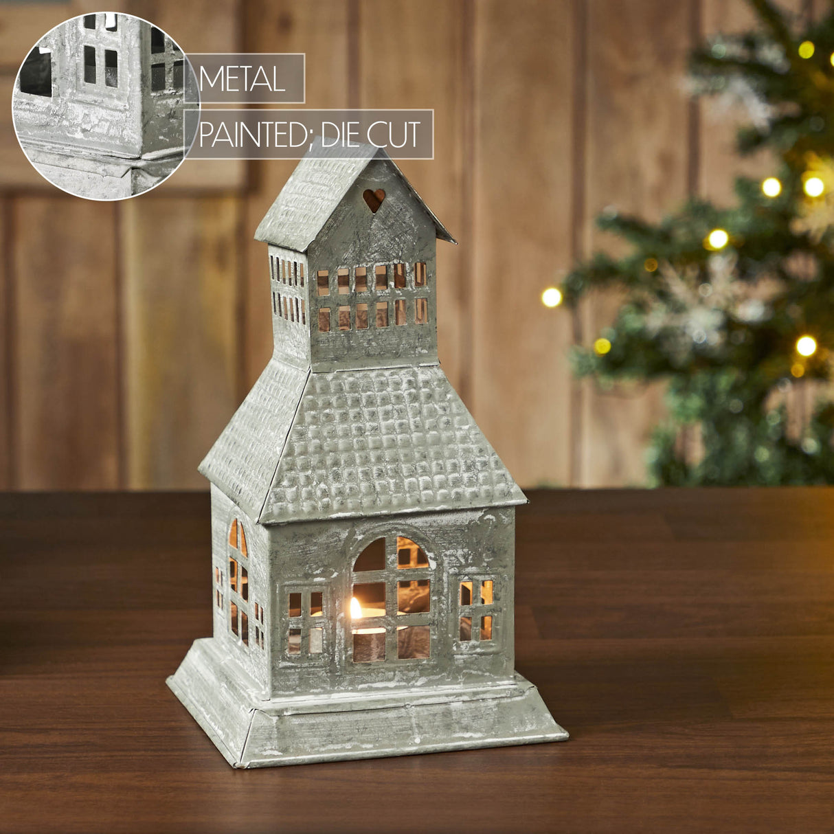 Tealight Holder Metal Village House A Antique Grey 9.5x5.5x5.5
