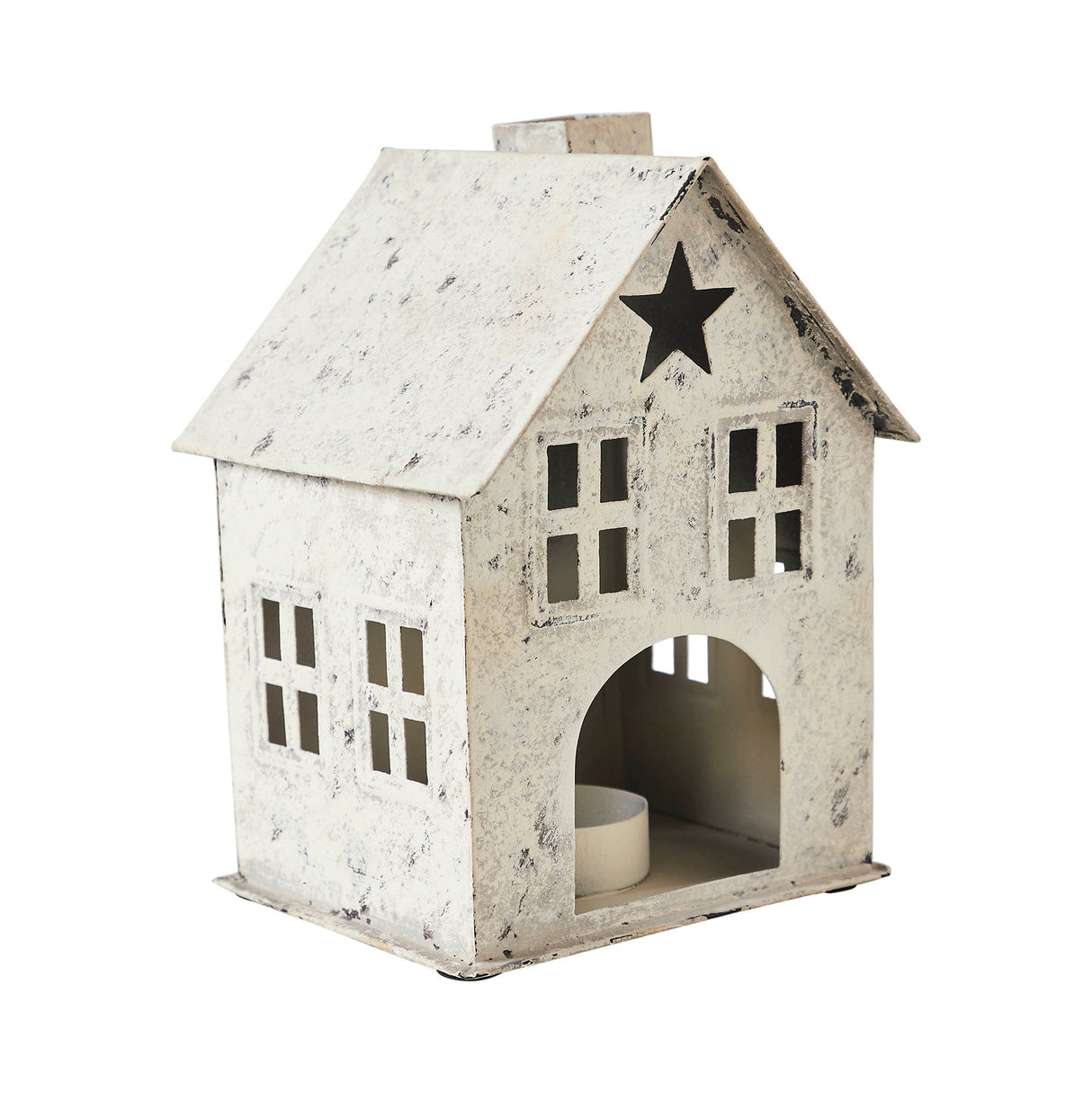 Tealight Holder Metal Village House D Antique Cream 6.75x4.75x4.5