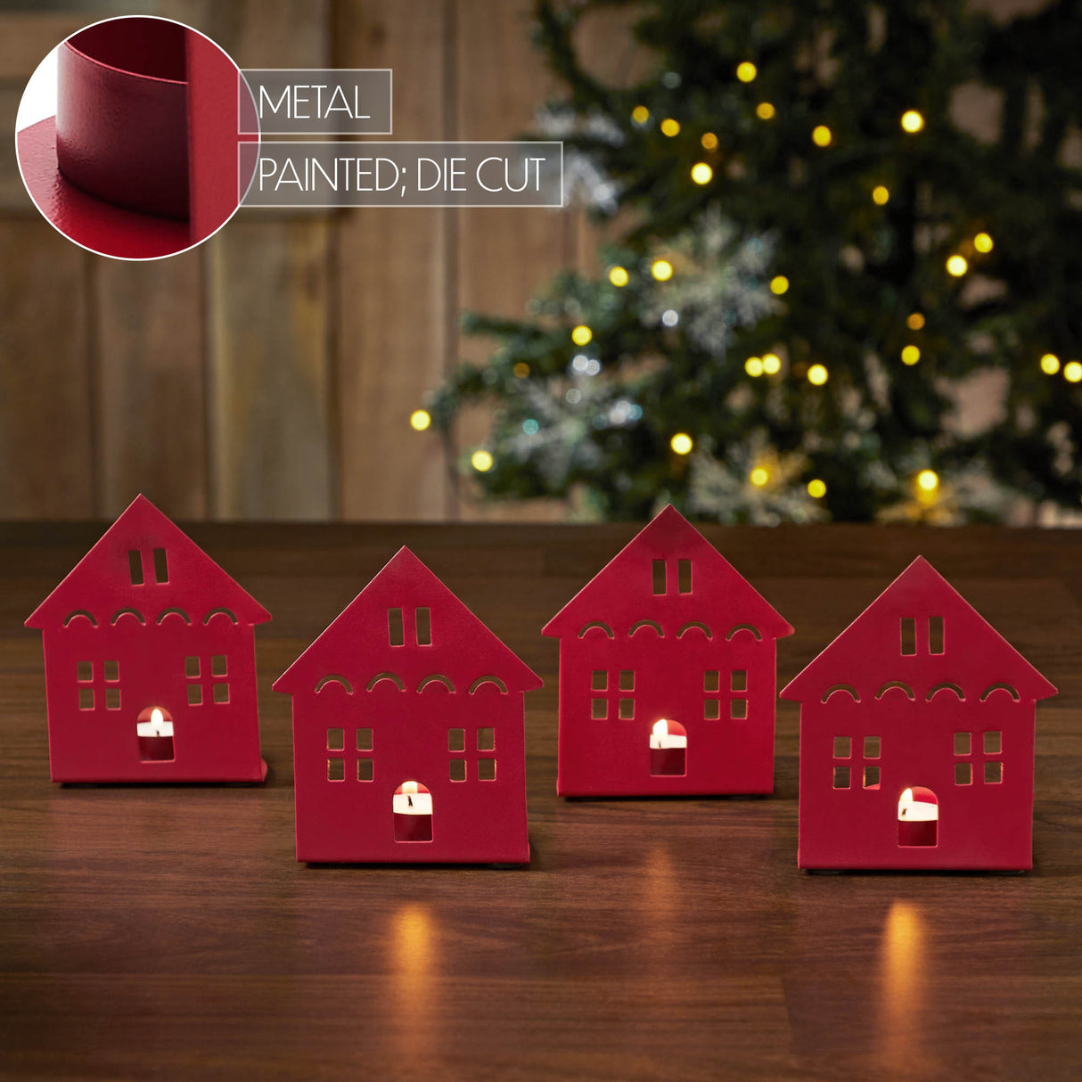 Tealight Holder House Barn Red Set of 4 4.5x3.75x2.25
