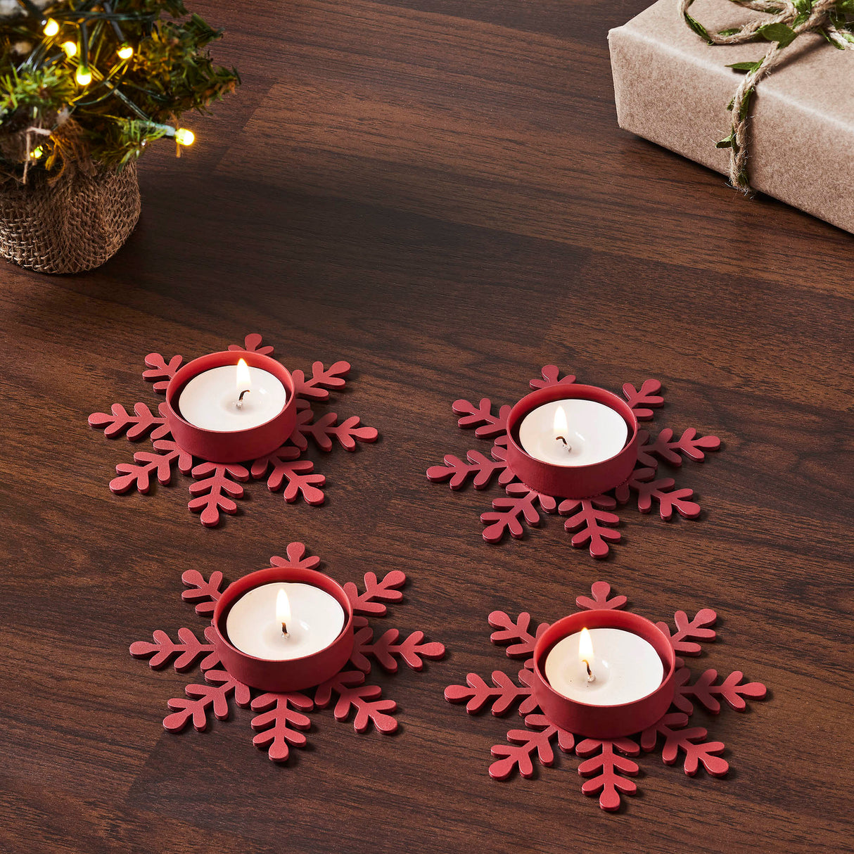 Tealight Holder Snowflake Barn Red Set of 4 0.6x4.13x4.13