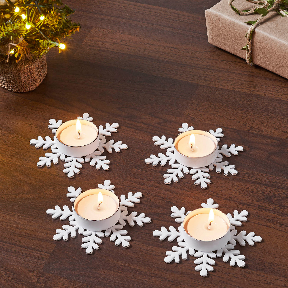 Tealight Holder Snowflake Antique White Set of 4 0.6x4.13x4.13