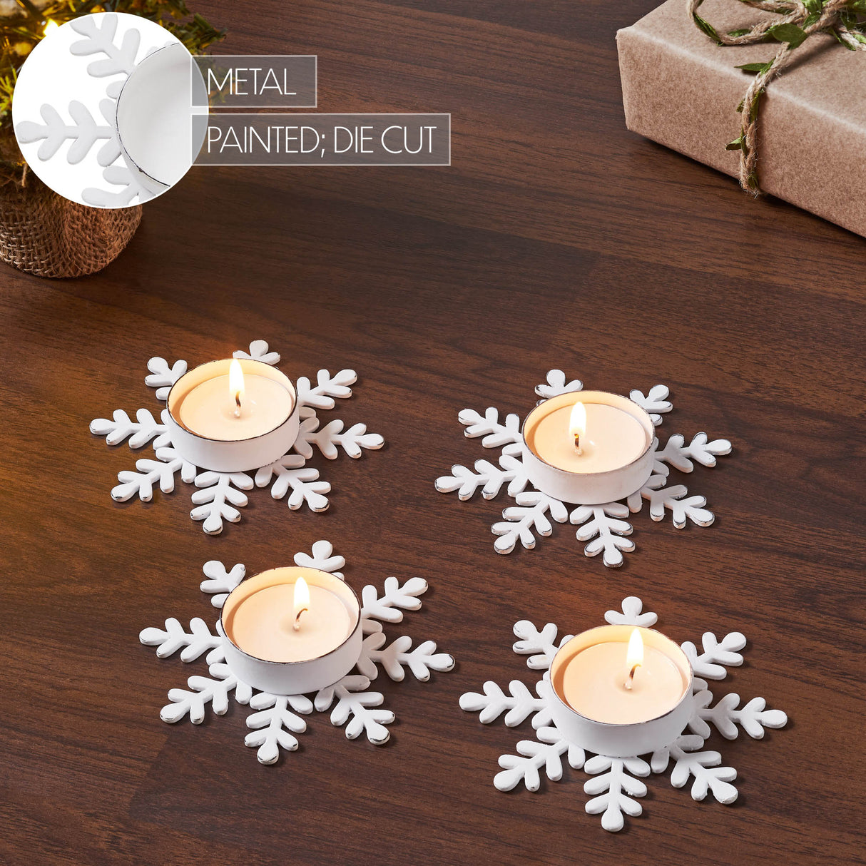 Tealight Holder Snowflake Antique White Set of 4 0.6x4.13x4.13