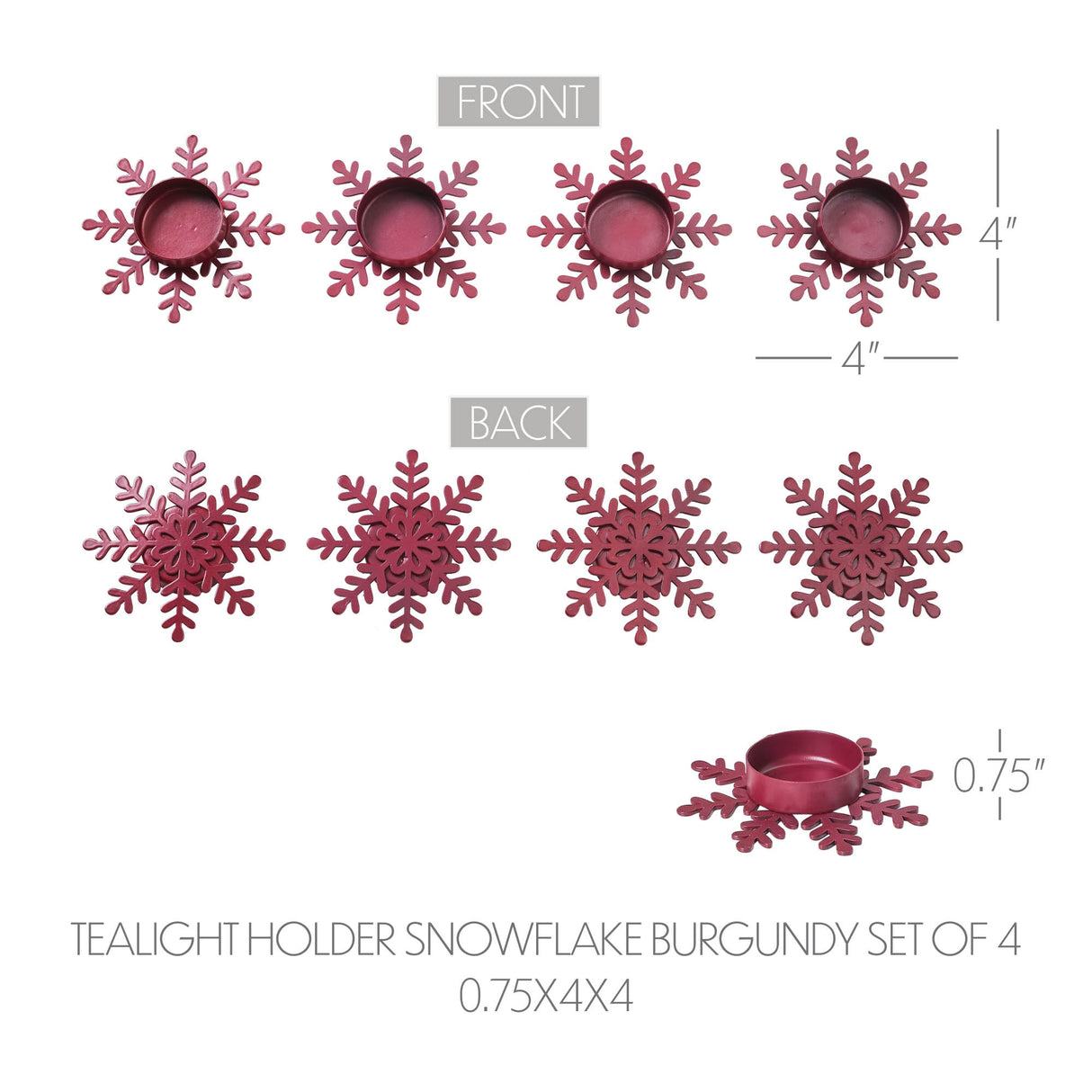 Tealight Holder Snowflake Burgundy Set of 4 0.6x4.13x4.13