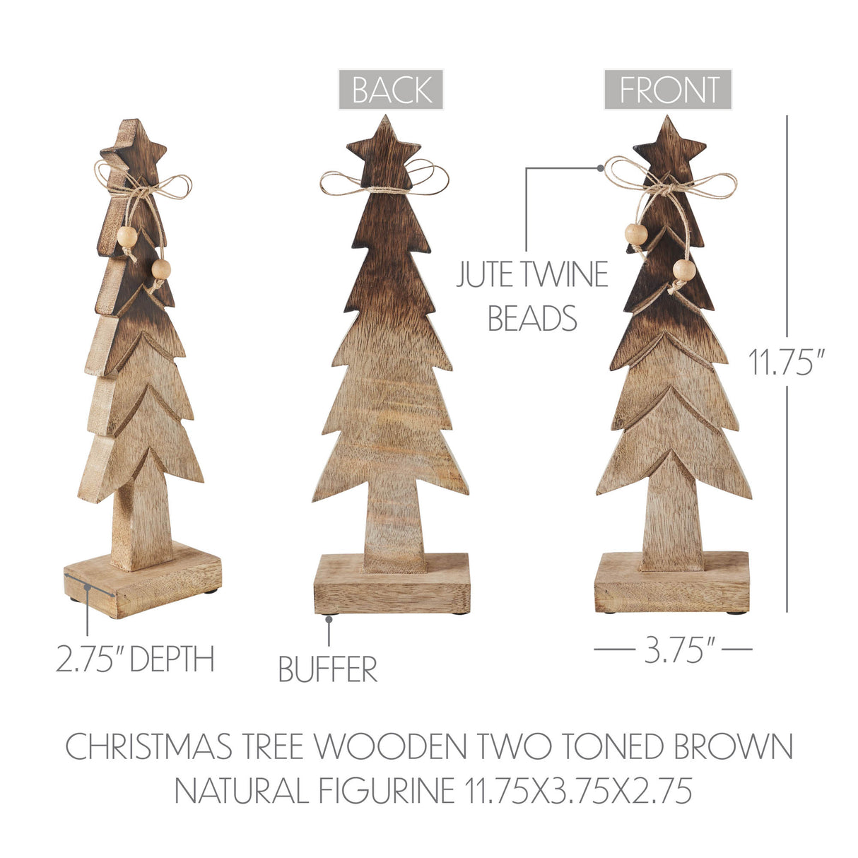 Christmas Tree Wooden Two Toned Brown Natural Figurine 11.75x3.75x2.75
