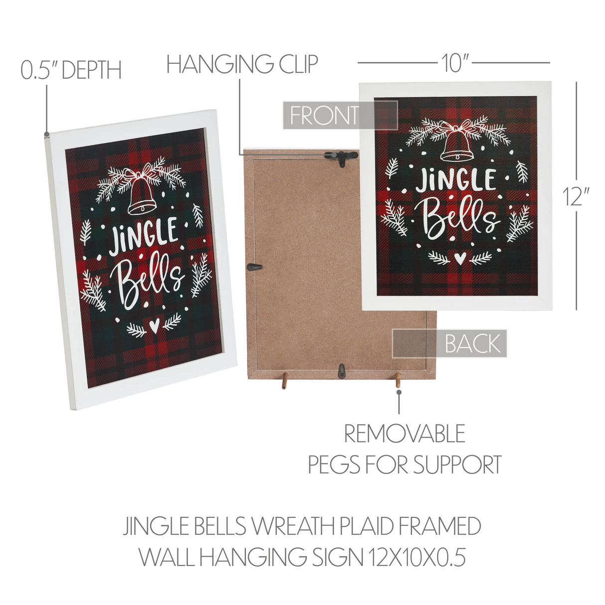 Jingle Bells Wreath Plaid Framed Wall Hanging Sign 12x10