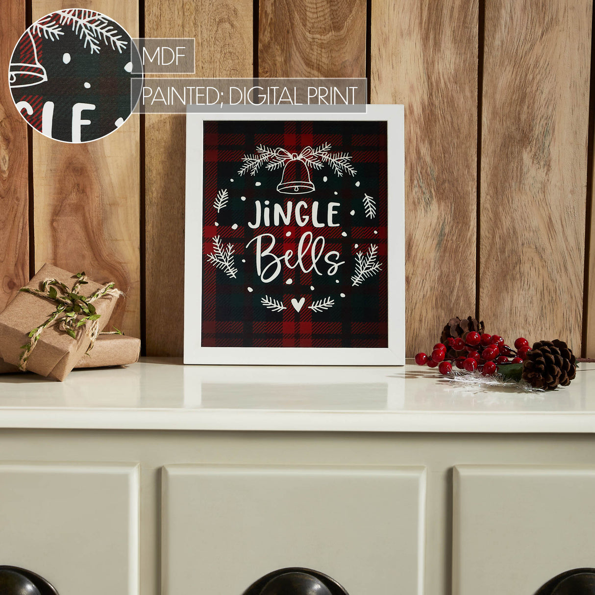 Jingle Bells Wreath Plaid Framed Wall Hanging Sign 12x10