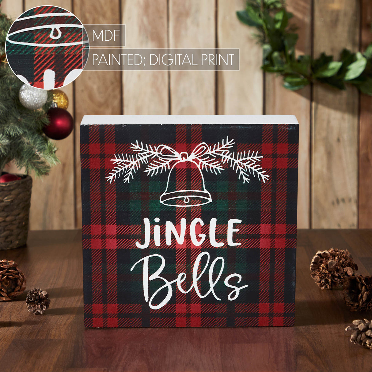Jingle Bells Plaid Block Sign 5x5