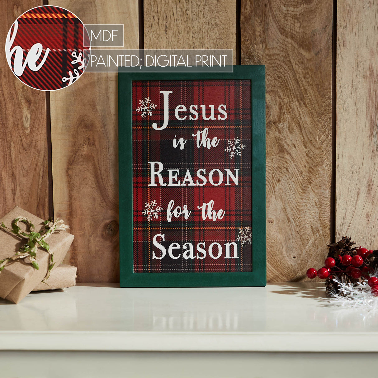 Jesus Is The Reason Plaid Framed Wall Hanging Sign 12x8