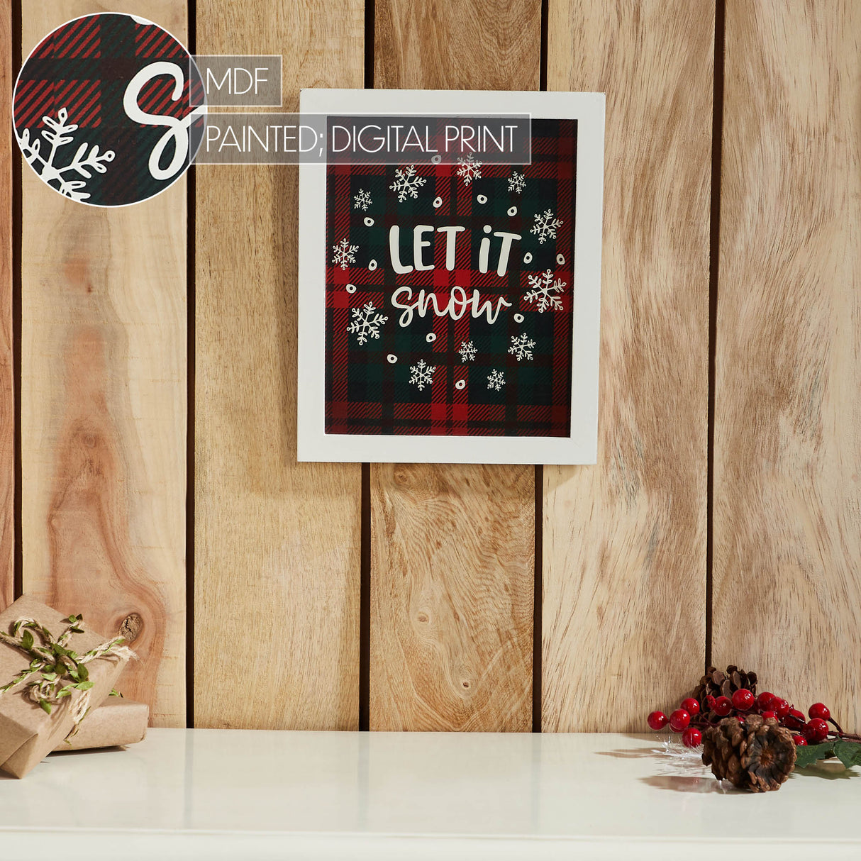 Let It Snow Plaid Wall Hanging Sign 11x9