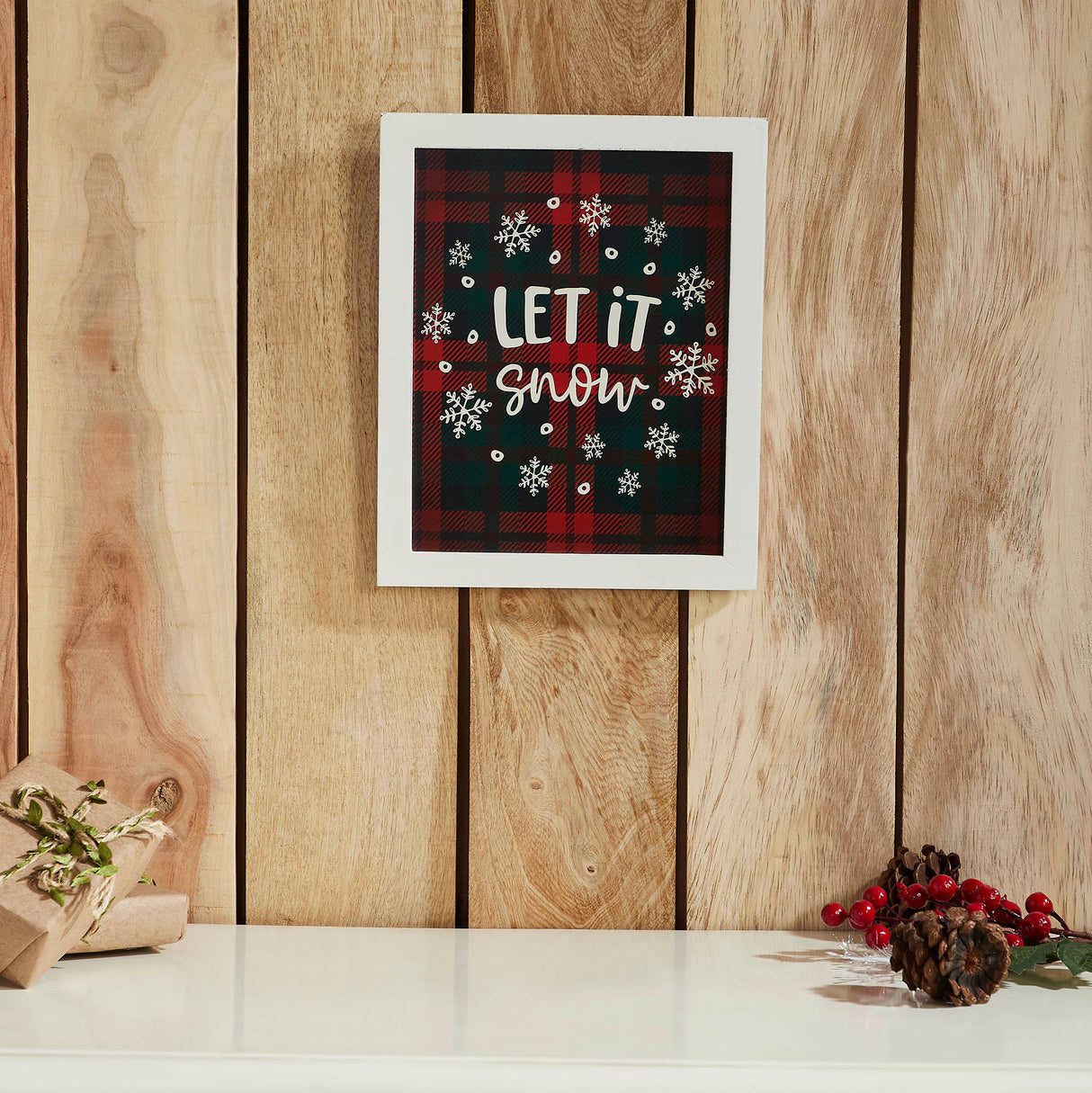 Let It Snow Plaid Wall Hanging Sign 11x9