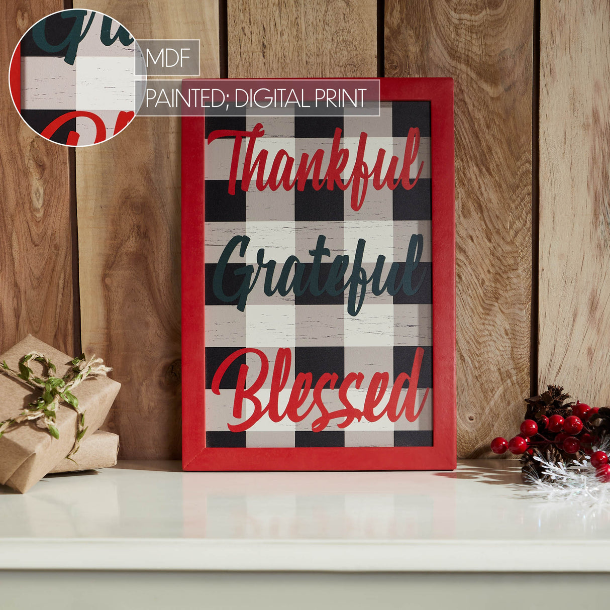 Thankful Grateful Blessed Christmas Gingham Wall Hanging Sign 13x9
