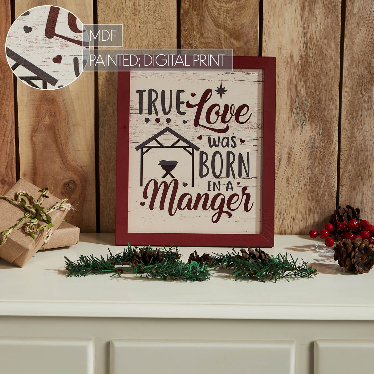 True Love Was Born In A Manger Framed Wall Hanging Sign 12x10