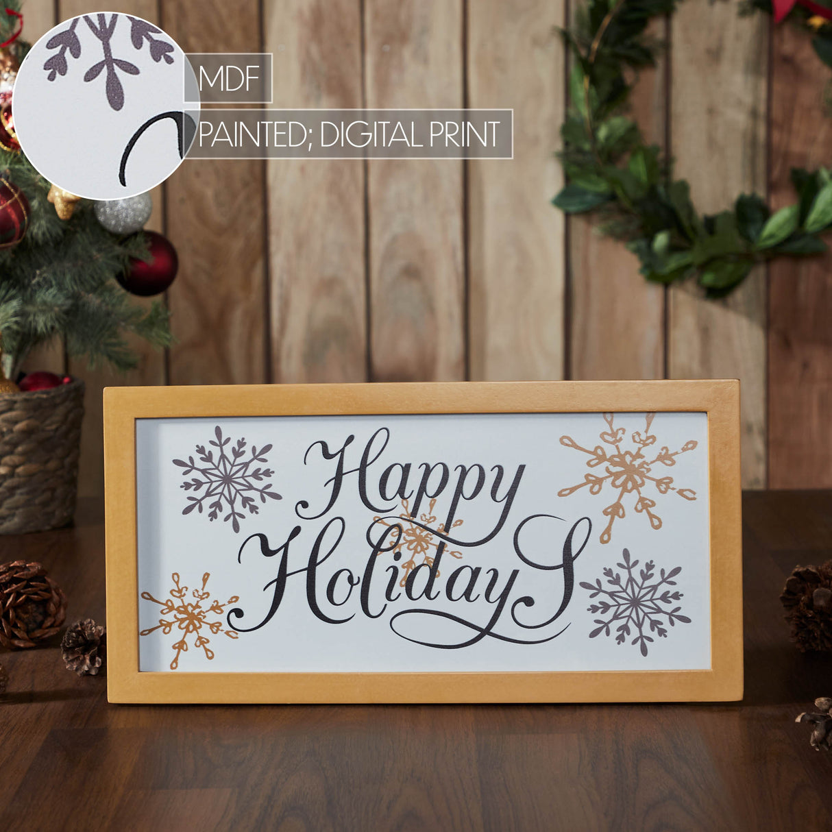 Happy Holidays Snowflakes Framed Wall Hanging Sign 8x16