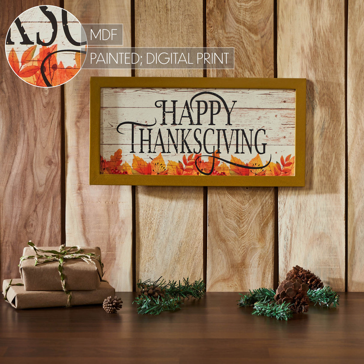 Shiplap Happy Thanksgiving Fall Leaves Wall Sign 8x16