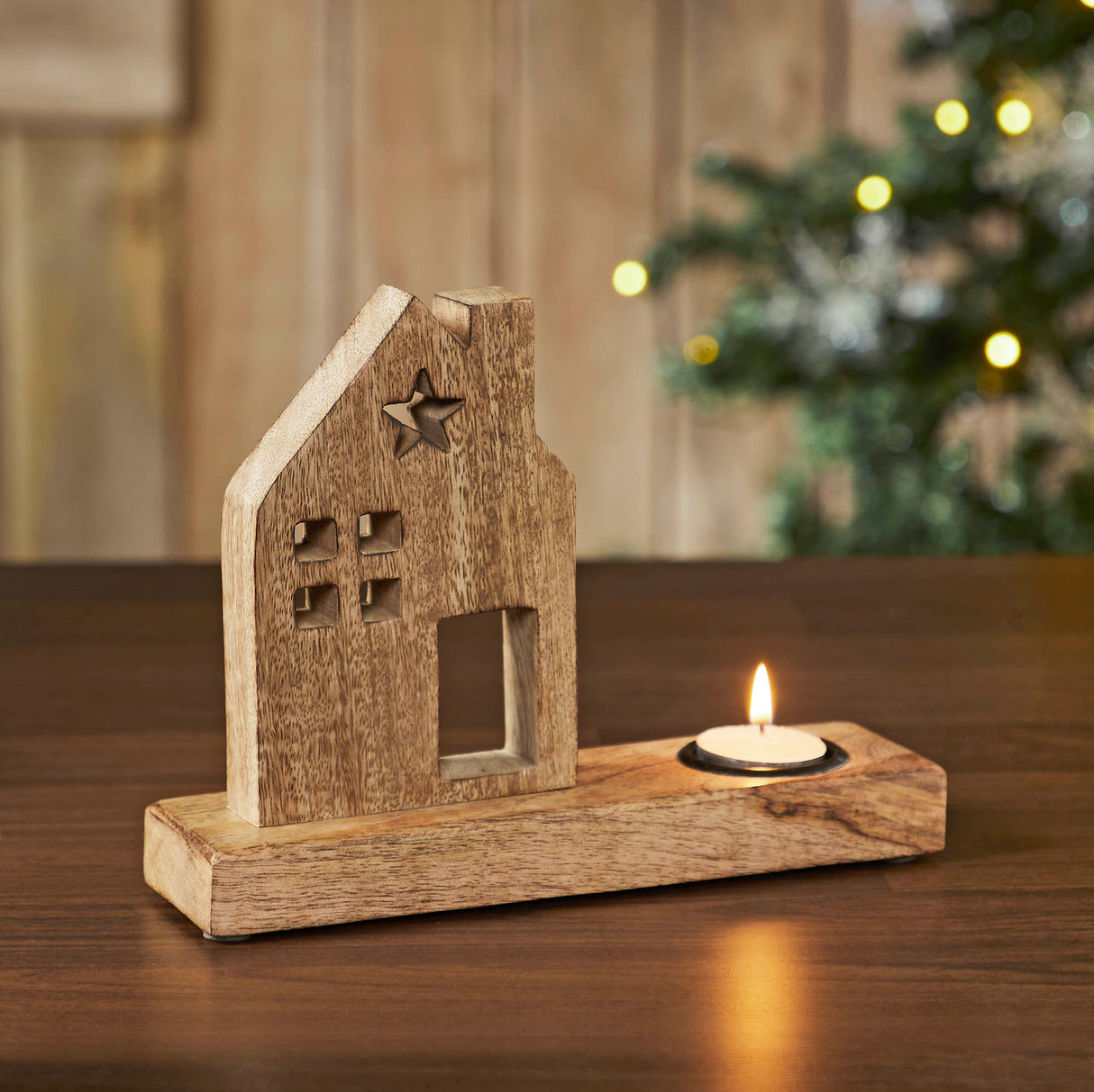 Tropical Wood Tealight Holder Wooden Saltbox House w/ Star Natural