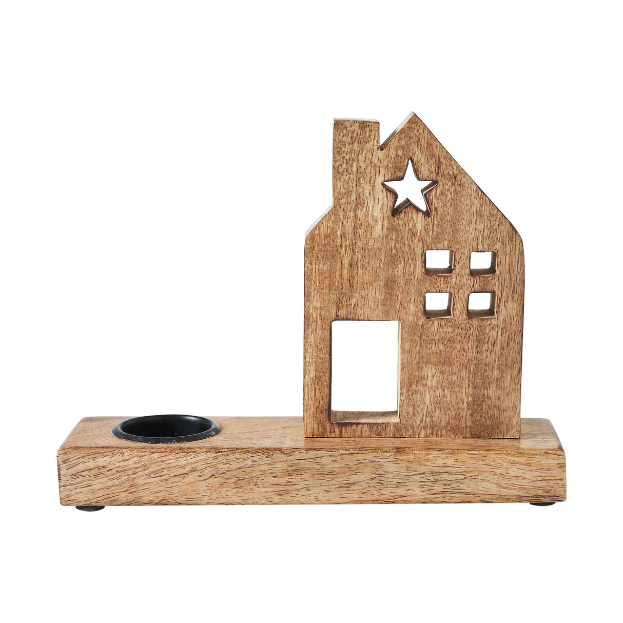 Tropical Wood Tealight Holder Wooden Saltbox House w/ Star Natural
